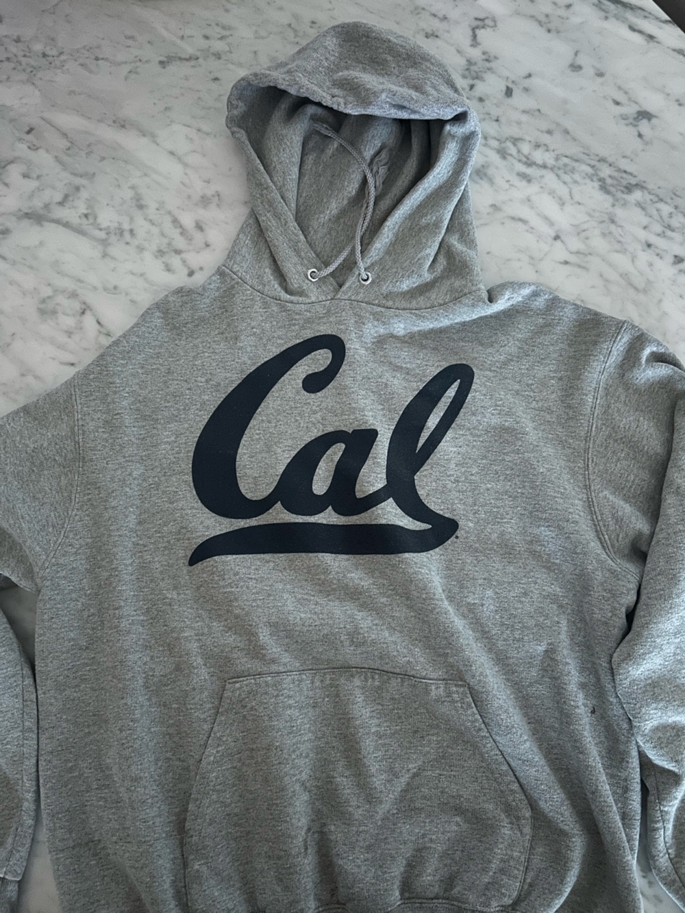 Cal Champion Gray Hoodie with Navy Script Logo